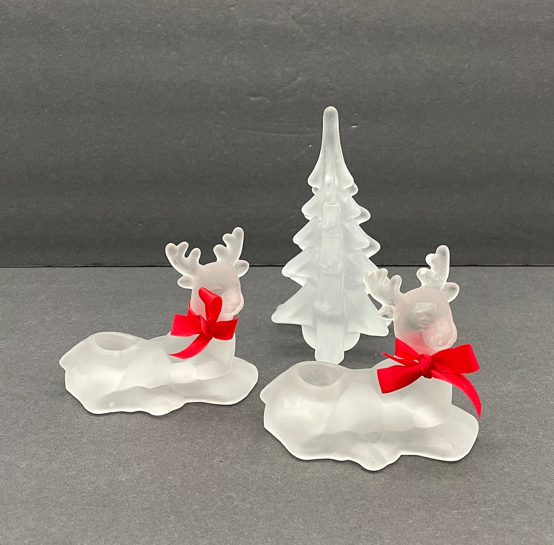 Frosted Glass Reindeer Taper Candle Holders With Frosted Glass Tree Etsy