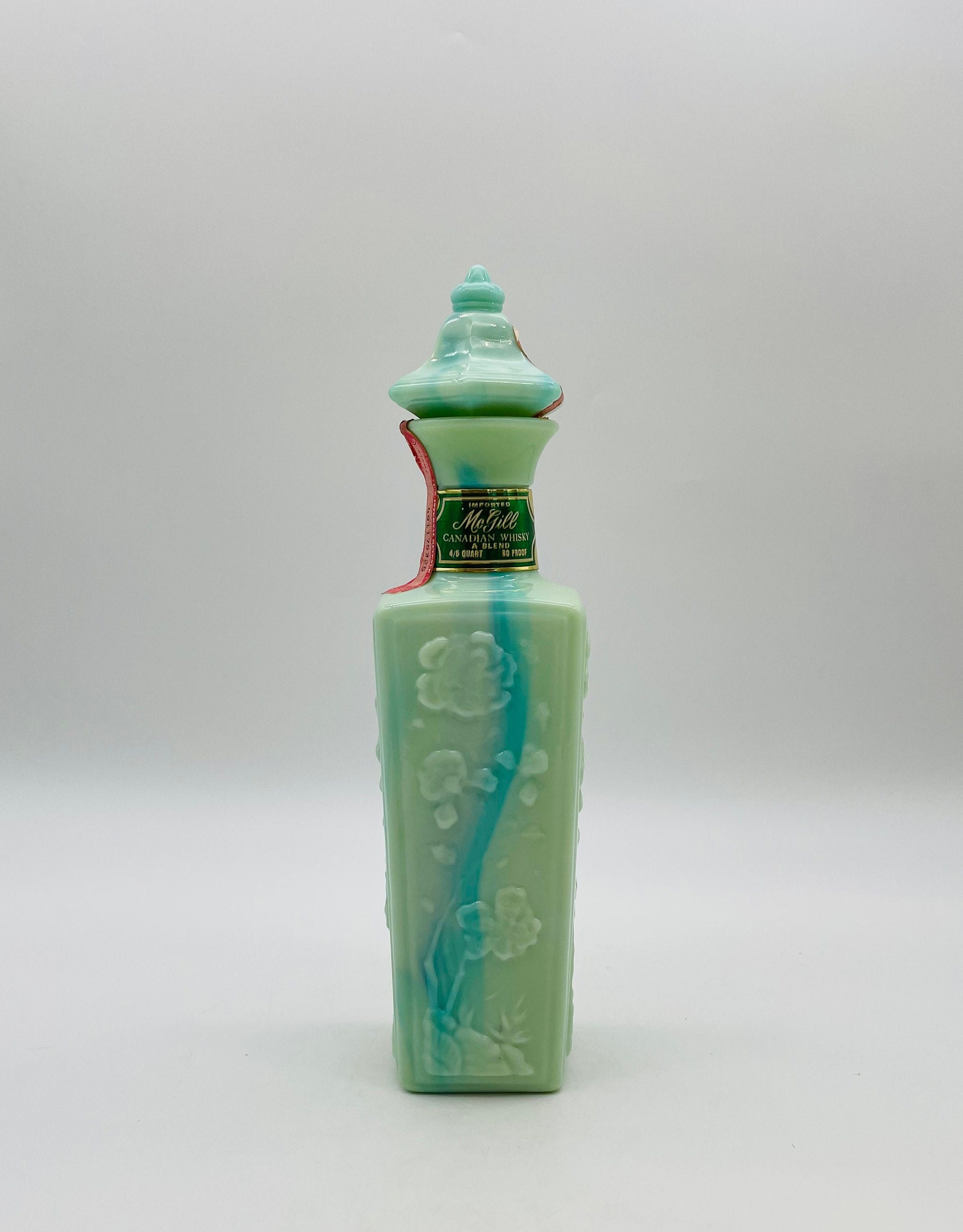 Mc Gill Green Milk Glass Canadian Whiskey Bottle With a Floral