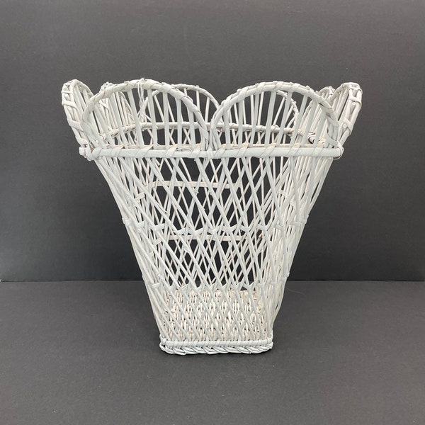 White Wicker Open Weave Waste Paper Basket/Scalloped Rim