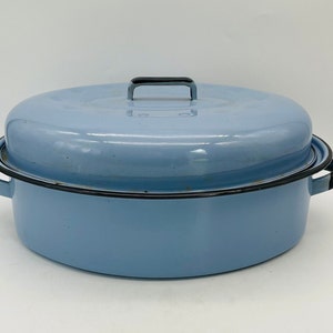 Unique Light Blue Large Enamel Roaster with Black Trim