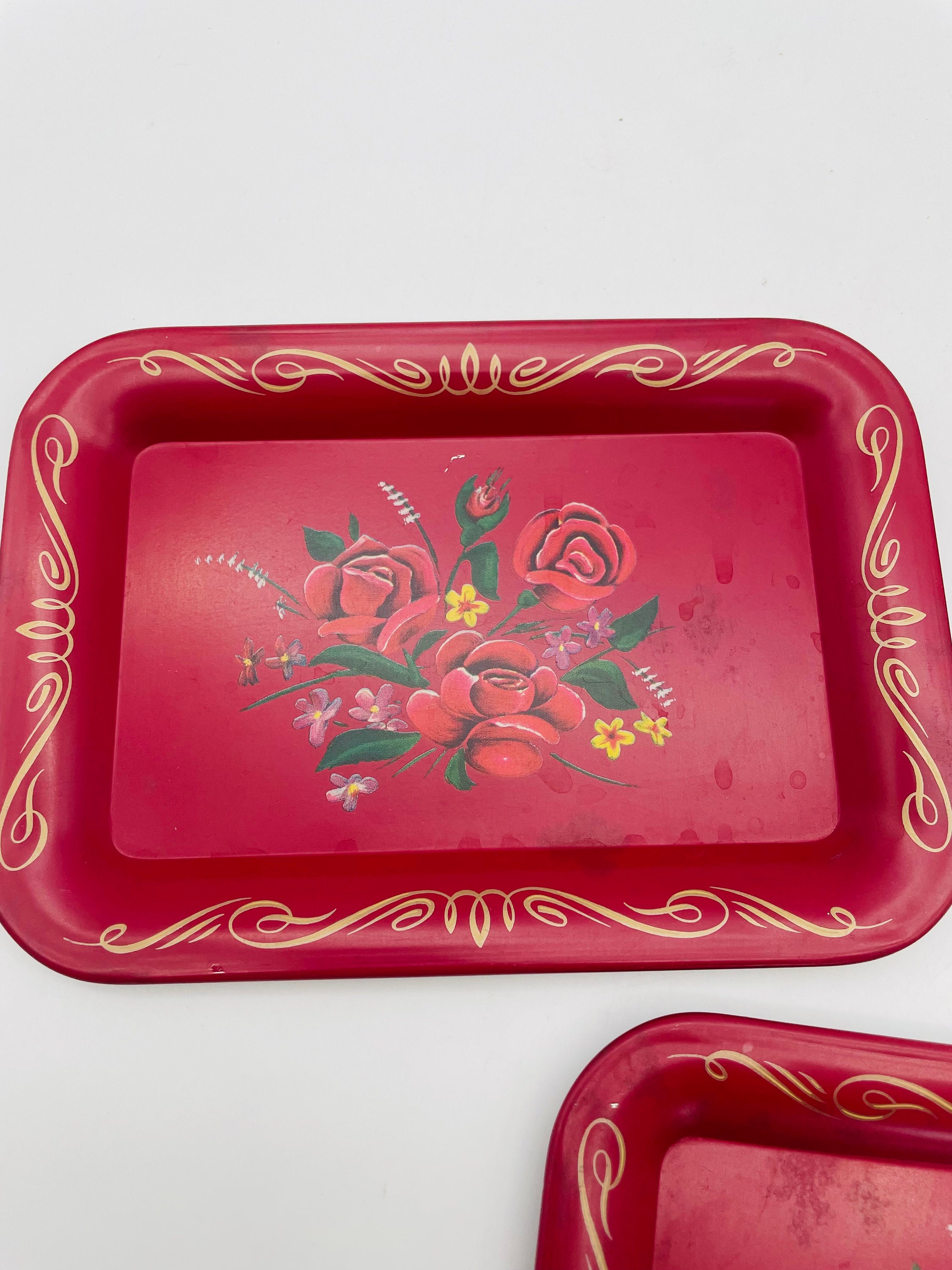 Floral Metal Snack Trays Set of 3/mid Century Tin TV Trays Etsy