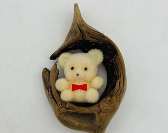 Flocked Fuzzy Teddy Bear/Driftwood Christmas Ornament