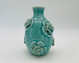 Beautiful Turquoise 3D Rose Ceramic Bud Vase