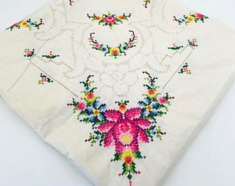 Vintage Floral Cross Stitch Cotton Square Tablecloth 46.5" x 45.25"