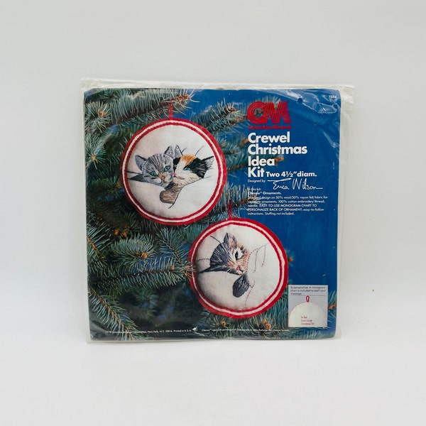 CM Crewel Chessie Kittens 4.5" Ornament Kit (Completes 2 Ornaments)/1978 Columbia Minerva Corp./Designed by Erica Wilson