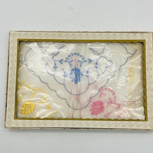 Embroidered Sheer Fabric Ladies Handkerchiefs, set of 3 in Original Box, Never Used