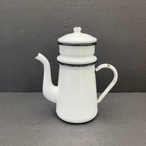 Midcentury White/Black Enamelware Coffee Pot - Japan (Decorative Use Only)