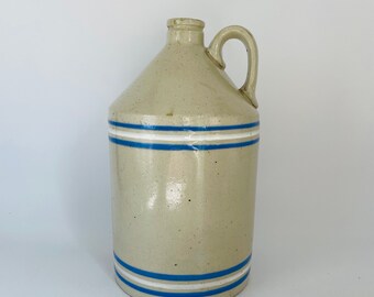 Antique Blue & White Stripe Stoneware Whiskey Jug