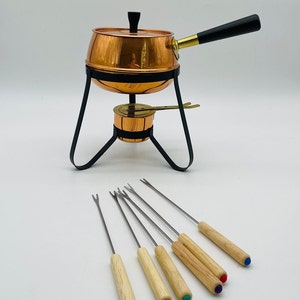 Copper Fondue Pot Set/Vintage Fondue Pot with Color Coded Forks