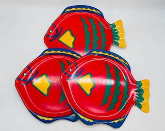Colorful Fish Melamine Ware Vintage Plates, Set of 3