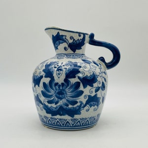 Chinese Blue and Gray Floral Pitcher with Crackle Craze Glaze