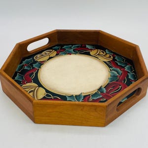 Festive Handpainted Octagon Wood Serving Tray - Jingle Bell, Holly & Berry, Ribbon Motif