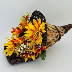 Wicker Woven Cornucopia Basket with Faux Flowers/Horn of Plenty Basket
