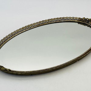 Matson T179 Ornate Filigree and Rose 24K Gold Plate Oval Mirrored Metal Vanity Tray/Perfume Tray