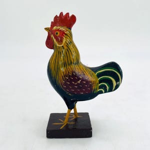 Midcentury 4.75&quot; Folk Art Hand Painted Wood Rooster Sculpted Figurine