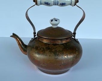 Copper Tea Kettle with Blue and White Porcelain Knob and Handle