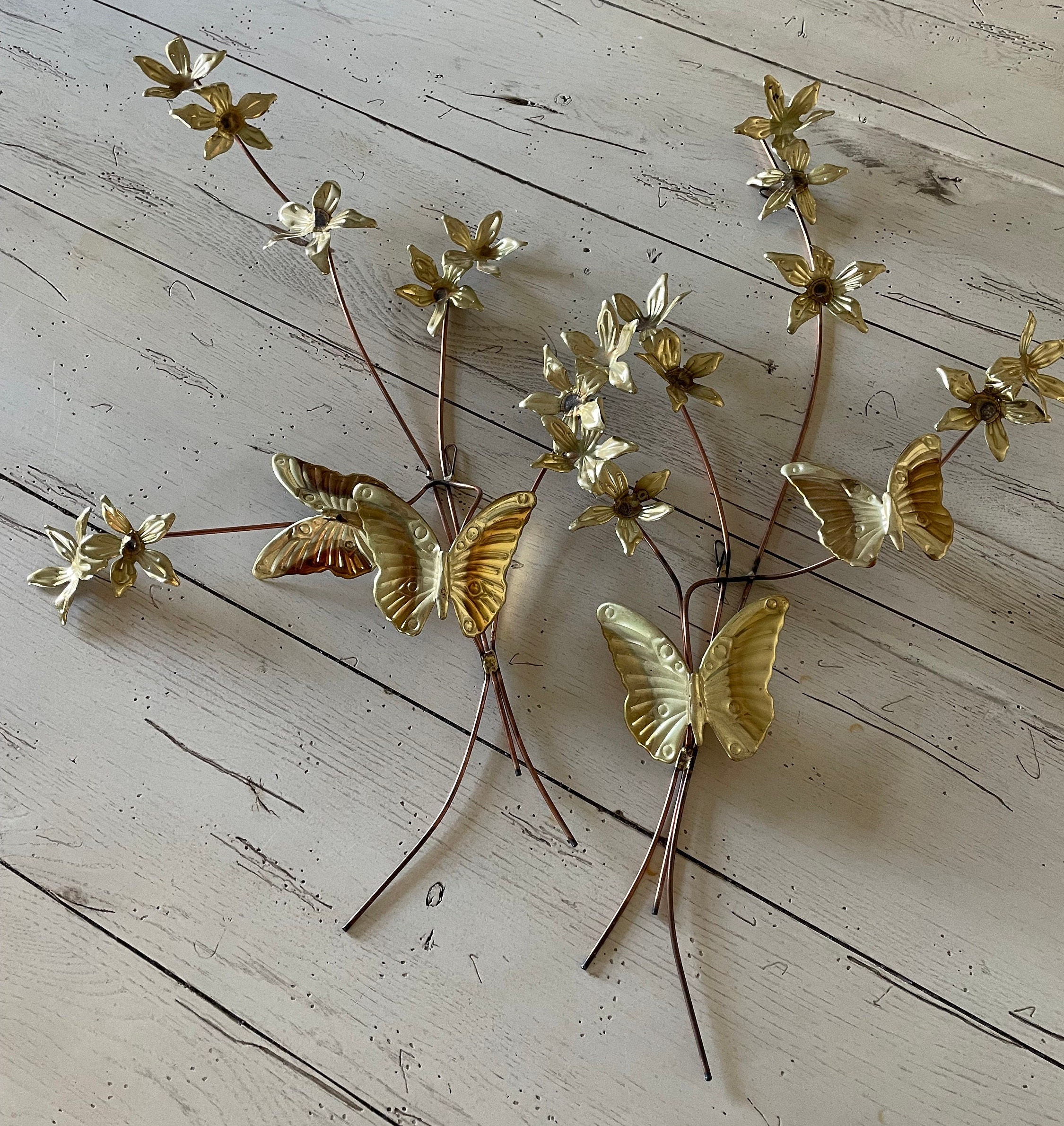 Mid Century Brass and Copper Butterfly and Flower Wall Art 