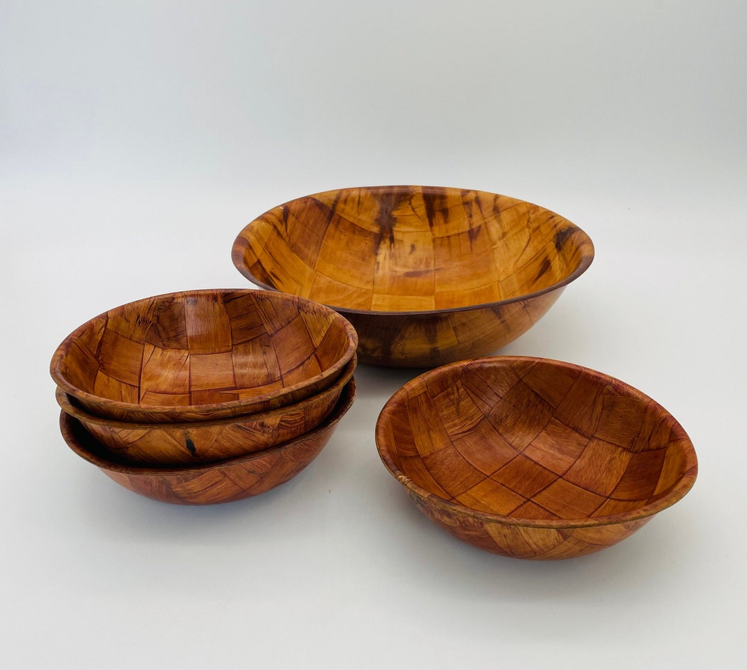Retro Parquet Weavewood Salad Bowl Set/mid Century Bowl Etsy