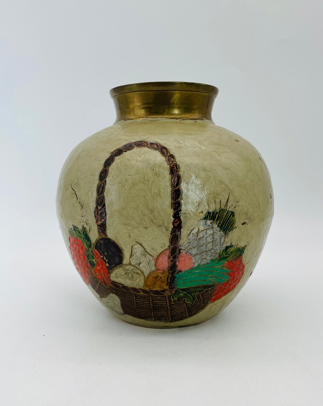 Painted Brass Ginger Jar Shaped Vase With Etched Fruit Basket Etsy