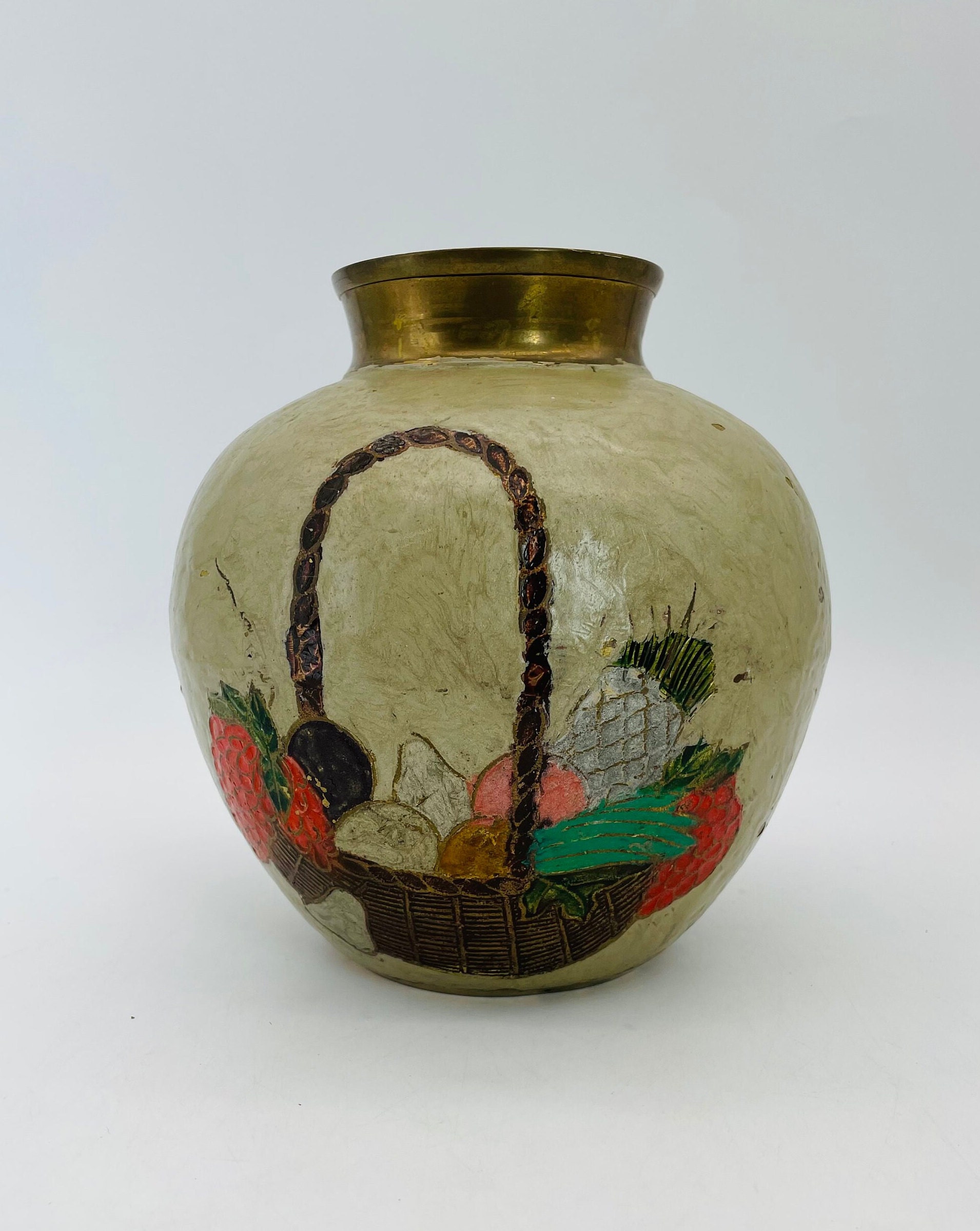 Painted Brass Ginger Jar Shaped Vase with Etched Fruit Basket Motif