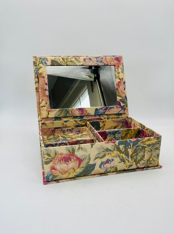 Floral Fabric Covered Jewelry Box with Mirror