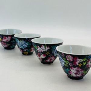 Chinese Millefleur Famille Noire Tea Cups, Set of 4 - Jingdezhen, China