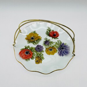 Reverse Painted Poppy Ruffled Edge Serving Plate with Removable Metal Carrying Handle/Vintage Chance Glass/Made in England