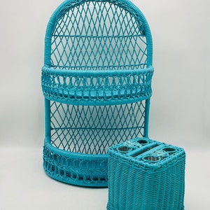 Turquoise Wicker Bathroom Shelf and Tissue Box Cover