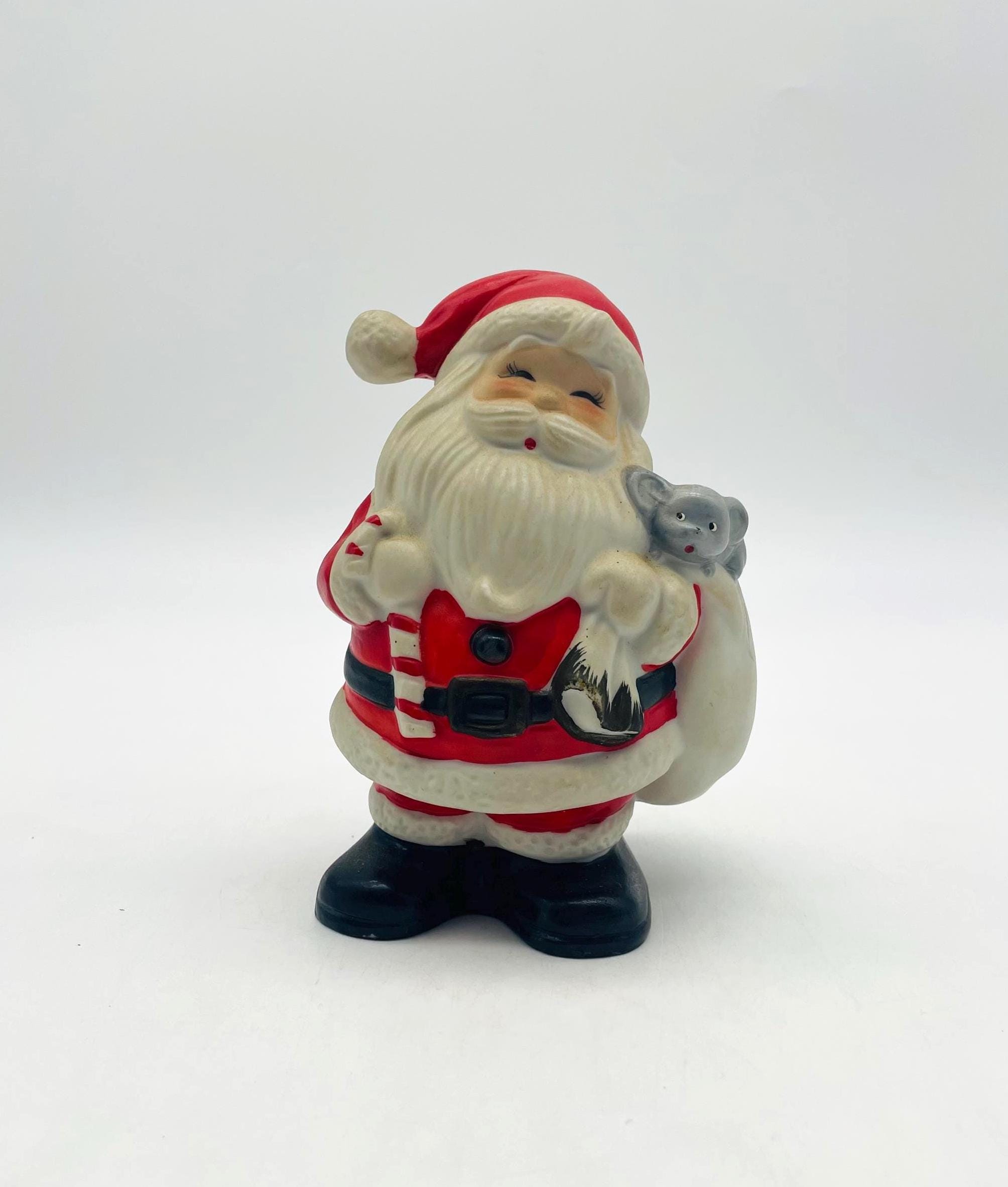 Vintage Jolly Santa Claus W/mouse Bisque Porcelain Coin Bank #5212