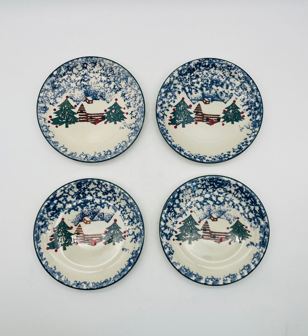Blue Spongeware Snack/dessert Plates Set of 4/folkcraft Cabin Etsy
