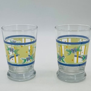 Blue and Yellow Floral Juice Glasses, Set of 2/Vintage Libbey Glassware