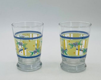 Verres à jus de fleurs bleus et jaunes, lot de 2/verre Libbey vintage