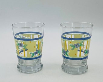 Blue and Yellow Floral Juice Glasses, Set of 2/Vintage Libbey Glassware