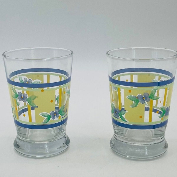 Blue and Yellow Floral Juice Glasses, Set of 2/Vintage Libbey Glassware