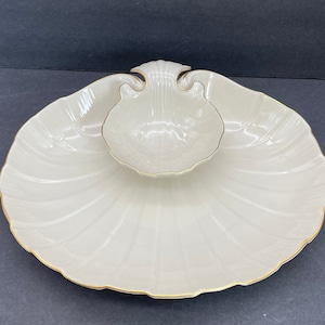 Midcentury Lenox Aegean 24K Gold Trimmed Clamshell Crudite Dish/Chip and Dip/Seafood Bowl
