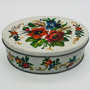 Midcentury Floral Embroider Look Oval Tin
