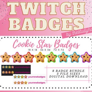 8x Twitch Sub Badges / Cheer Bit Badges / Cute Cookie Star with Coloured Outline