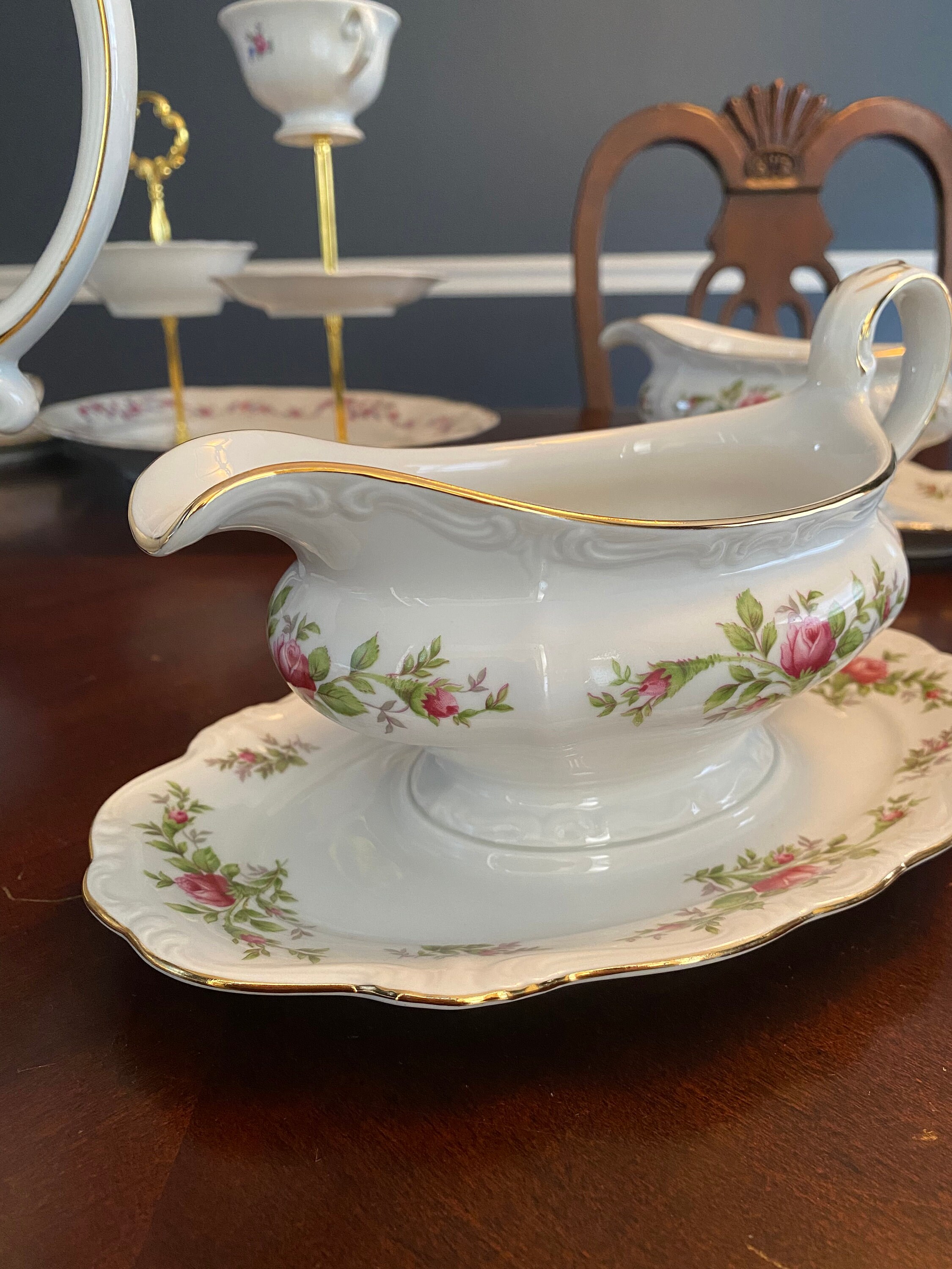 Johann Haviland Moss Rose gravy boat with attached under liner Etsy