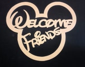 Welcome Friends with Mouse Ears, wooden cutout, paintable craft shape, unfinished blank