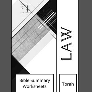 Könnte beinhalten: Schwarz-Weiß-Arbeitsblätter zur Bibelzusammenfassung mit dem Wort „LAW“ in fetter, vertikaler Schrift. Das Design umfasst geometrische Formen und die Wörter „Torah“ und „Etched by Laser Engraving“.