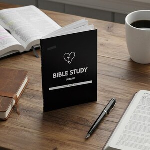May include: A black Bible study book with a heart and cross design, the words "BIBLE STUDY" and "SUBLIME" are printed on the cover. A pen, open book, and coffee cup are on a wooden table.