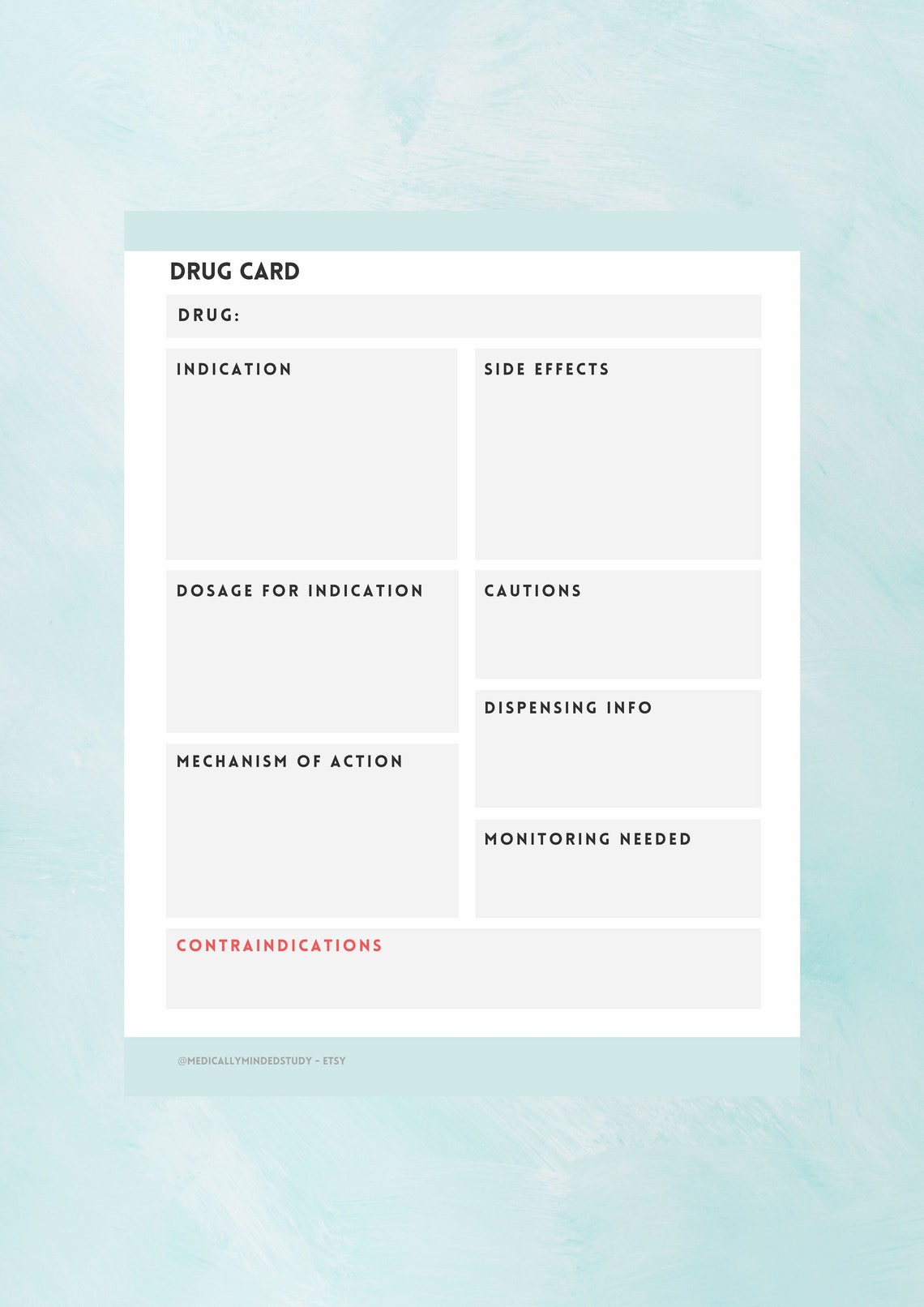 Pharmacology Drug Card Revision Template Sheet for Medicine/nursing