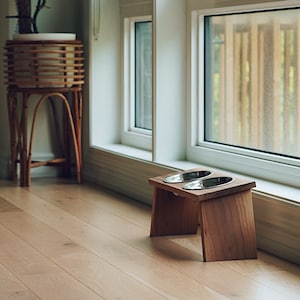 Wooden Pet Feeding Station – Black Walnut / Hard Maple | Elevated Dog & Cat Feeder with Bowls | Custom Size and Engraving Available