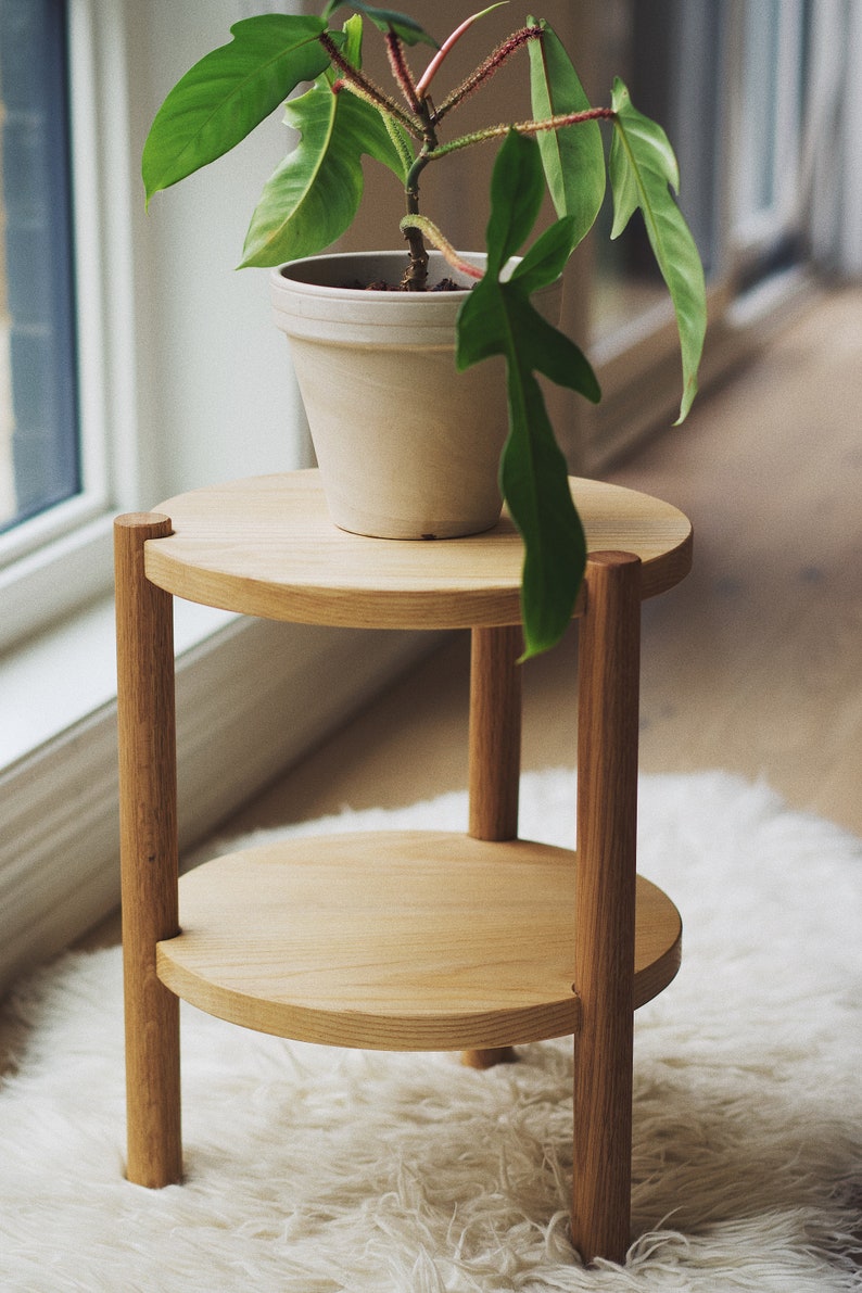 WOODEN SIDE TABLE, Plant Stand Indoor, Small End Table, Aesthetic Solid Wood 3 Leg Round Bedside Table, Night Stand image 7