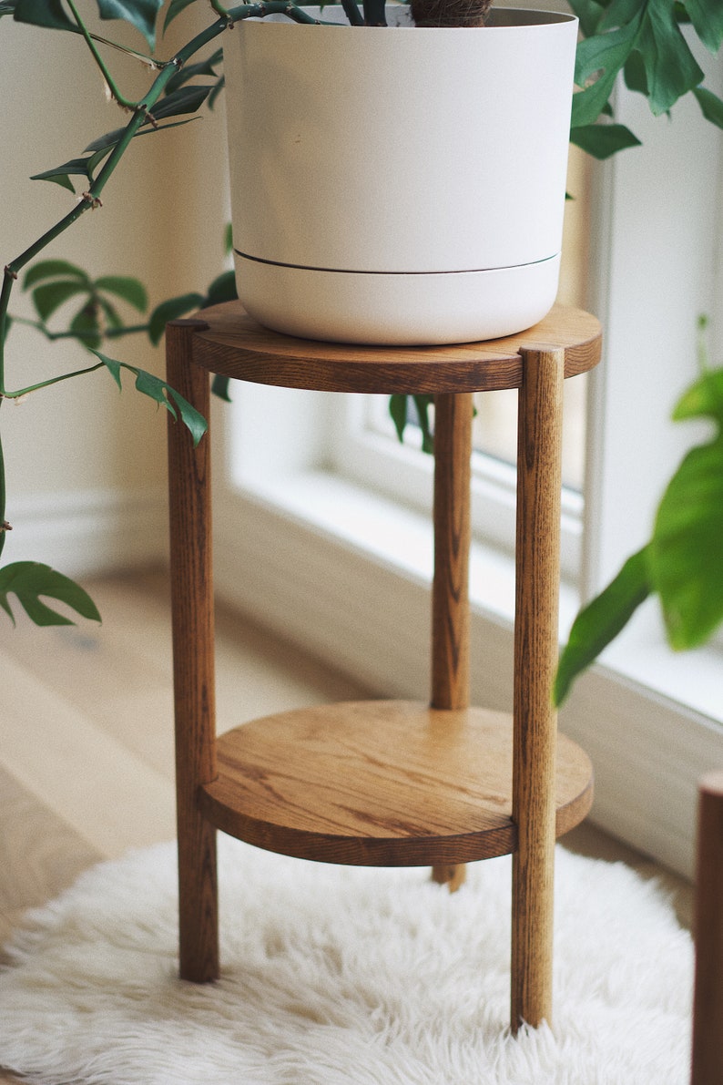 WOODEN SIDE TABLE, Plant Stand Indoor, Small End Table, Aesthetic Solid Wood 3 Leg Round Bedside Table, Night Stand image 8