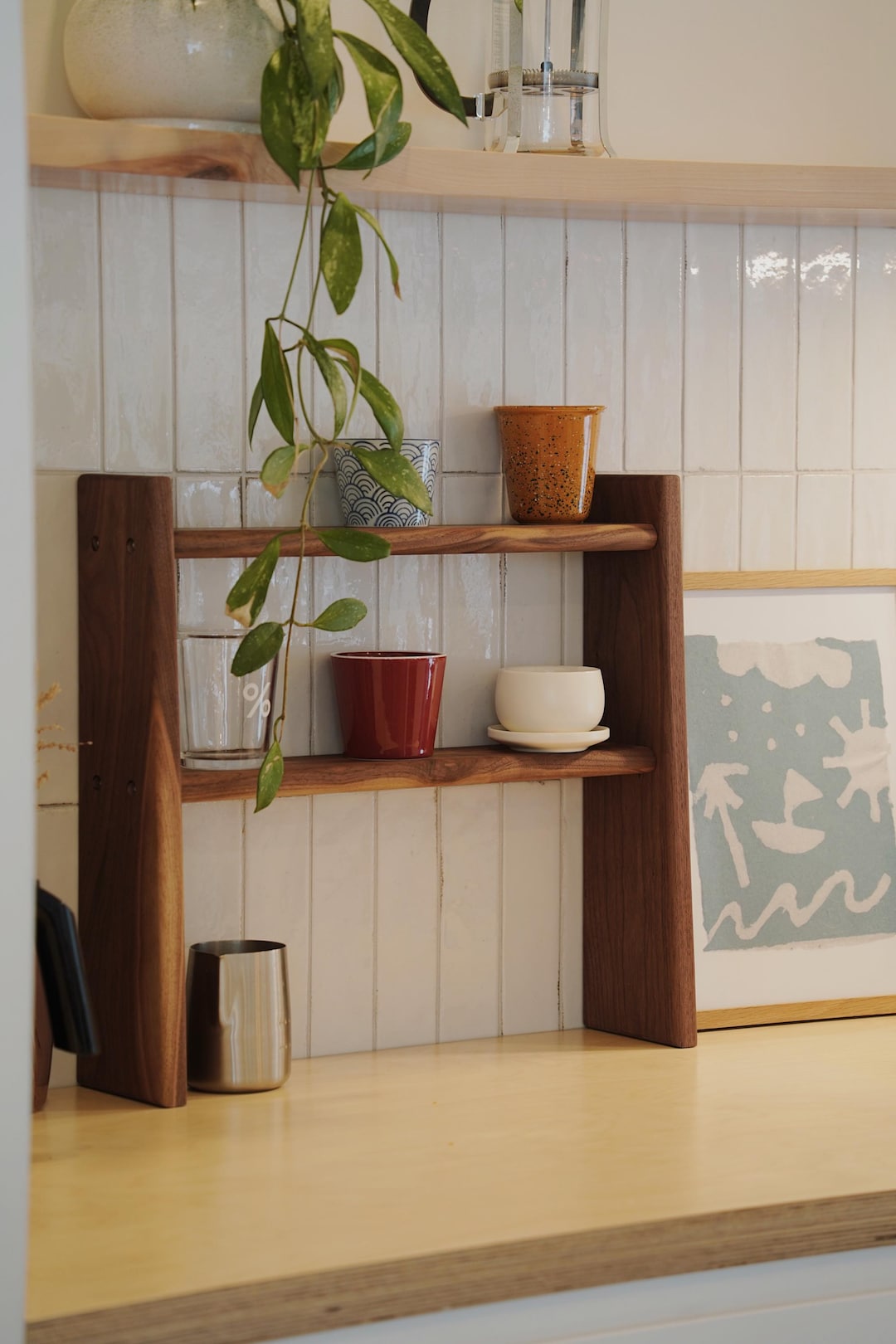Minimal Solid Wood Mug Shelf – Countertop Coffee Cup Organizer, Flat Pack Wooden Shelf for Kitchen & Coffee Station - Walnut