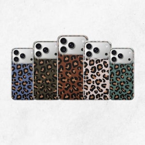 May include: Five phone cases with a leopard print design in various colors: blue, olive green, brown, cream, and teal. The cases have a clear border and a camera cutout.