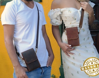 Leather Crossbody Phone Bag, Small Mens Leather Phone Pouch, Western iPhone 15 Pro Max Case with Cross-Over Straps.