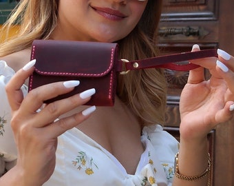Portefeuille avec bracelet - Mini portefeuille en cuir fabriqué à la main - Porte-monnaie zippé parfait pour femme - Cadeau unique en cuir