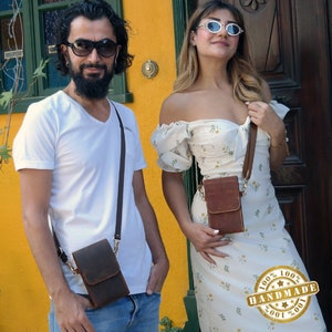 Bolso bandolera de cuero para teléfono, pequeño estuche de cuero para hombre, funda de cuero cosida a mano con correas cruzadas, regalo de Navidad